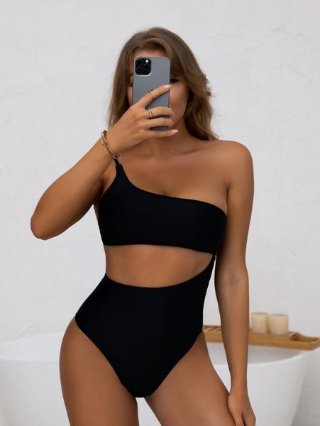 cut out one shoulder one piece swimsuit d8oo#, White;black
