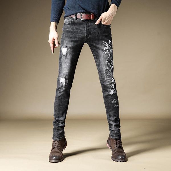 men's jeans chinese elements ripped dragon embroidery denim trousers streetwear black slim fit stretch pants, Blue
men's jeans chinese elements ripped dragon embroidery denim trousers streetwear black slim fit stretch pants, Blue