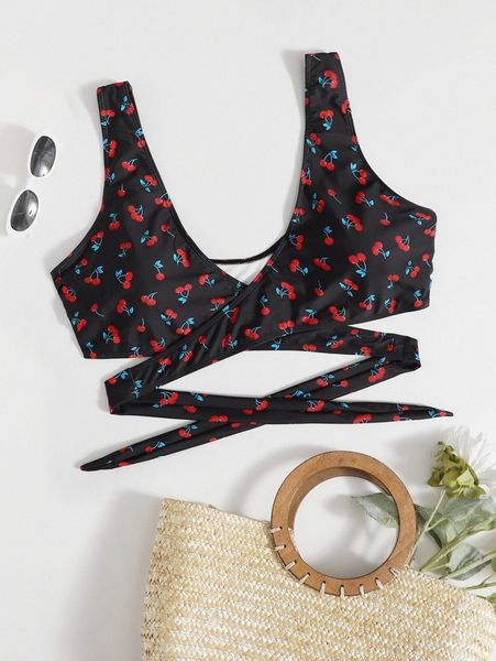 plus cherry print wrap bikini p23x#, Black