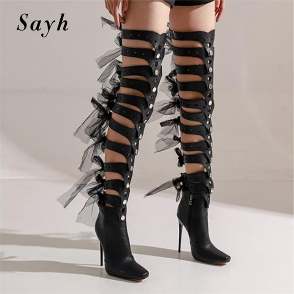2 style woman gladiator knee high boots pointy toe high heels stilettos lace up hollow up roma bootie pu leather runway shoes, Black
2 style woman gladiator knee high boots pointy toe high heels stilettos lace up hollow up roma bootie pu leather runway shoes, Black