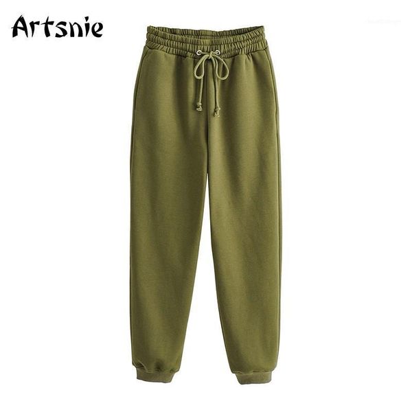 artsnie winter fleece high waist pants women army green casual warm trousers drawstring terry ankle length pants sweatpants1, Black;white