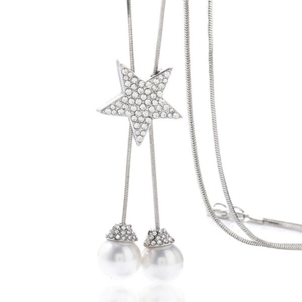 long fringed rhinstone five-pointed sweater chain for women simulated pearl pendant necklace fashion jewelry, Silver
long fringed rhinstone five-pointed sweater chain for women simulated pearl pendant necklace fashion jewelry, Silver