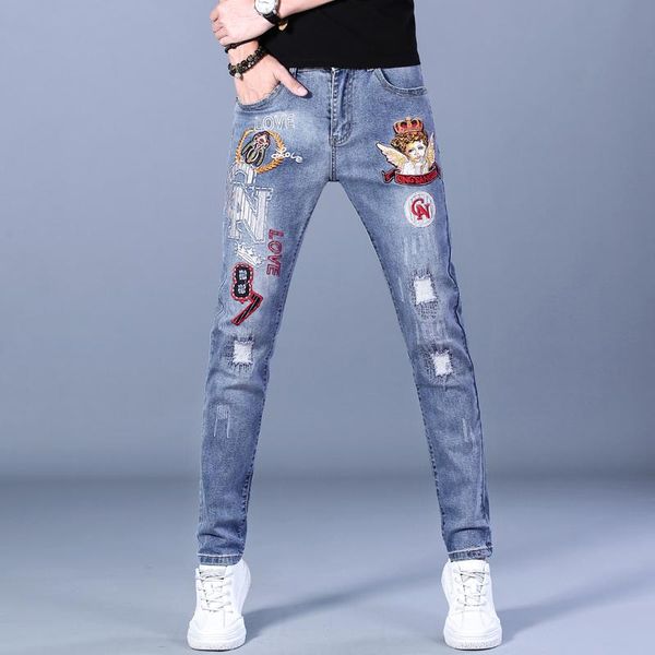 men's jeans fashion ripped patch autumn winter denim pants men embroidered letter skinny male casual streetwear trouse, Blue
men's jeans fashion ripped patch autumn winter denim pants men embroidered letter skinny male casual streetwear trouse, Blue
