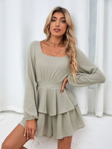 waffle knit cut out tie back lantern sleeve layered hem romper a6ya#, White
waffle knit cut out tie back lantern sleeve layered hem romper a6ya#, White