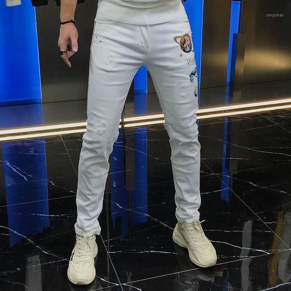 men's jeans fashion in europe autumn 2020 new style of alien dazzle color drill hole small feet white trousers for men1, Blue
men's jeans fashion in europe autumn 2020 new style of alien dazzle color drill hole small feet white trousers for men1, Blue