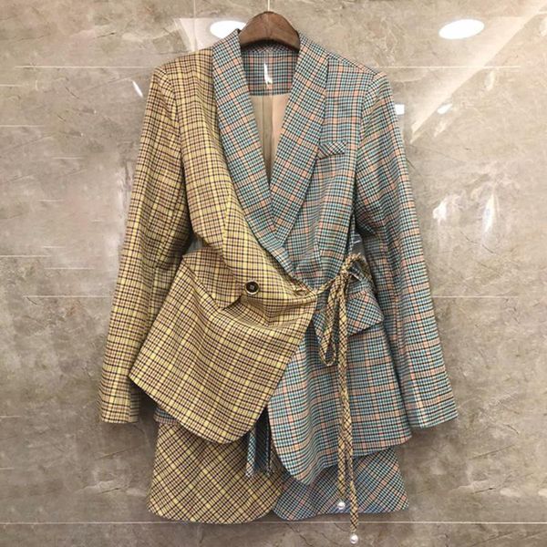 female 2020 plaid hit color patchwork women's suit lapel collar lace up blazer, White;black
female 2020 plaid hit color patchwork women's suit lapel collar lace up blazer, White;black