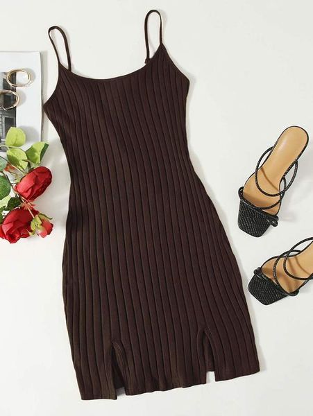 split hem rib knit dress she, Black;gray