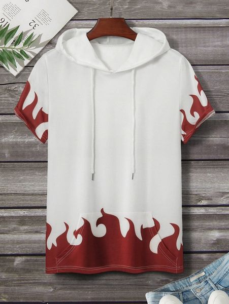 men fire print drawstring hooded tee w5nn#, White;black