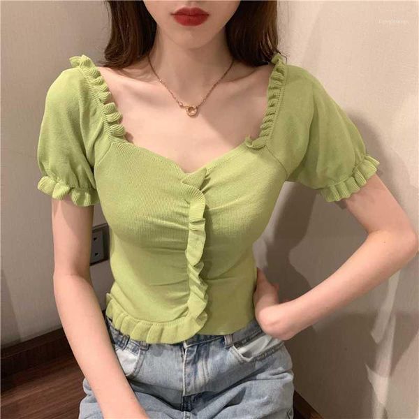women ruffles v-neck knit sweet cropped thin t-shirts lady sleeveless short sleeve chic tshirt pullovers crop 1, White
women ruffles v-neck knit sweet cropped thin t-shirts lady sleeveless short sleeve chic tshirt pullovers crop 1, White