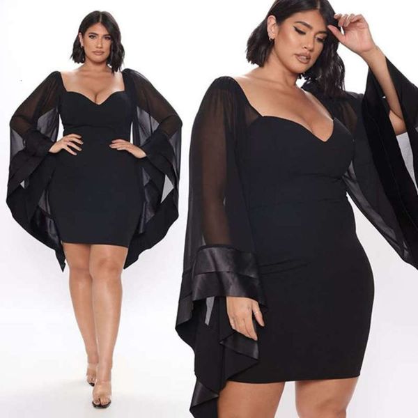 2020 new large women's bat sc0166 long sleeve v-neck dress, Black;gray