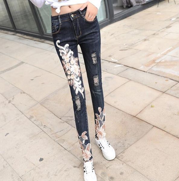 women's korean fashion flower embroidery slim female jeans plus size elastic long pants tb646, Blue
women's korean fashion flower embroidery slim female jeans plus size elastic long pants tb646, Blue