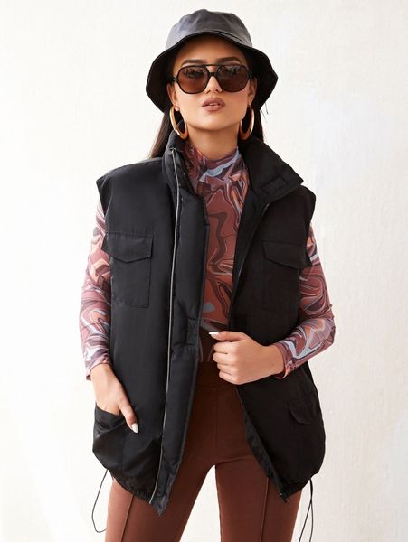 flap pocket drawstring hem winter coat g7uz#, Black