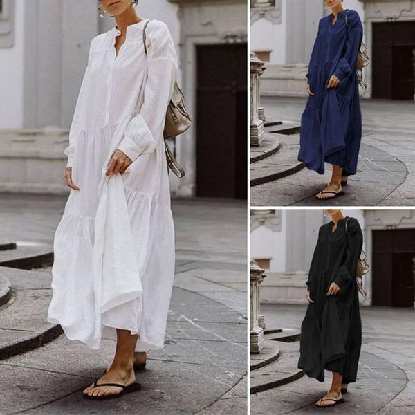 vonda women dress 2021 casual cotton linen sundress solid long sleeve dresses ladies holiday beach sundress plus size vestidos, Black;gray
vonda women dress 2021 casual cotton linen sundress solid long sleeve dresses ladies holiday beach sundress plus size vestidos, Black;gray