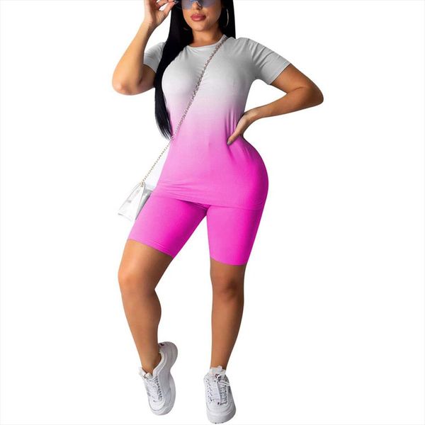 2021 women 2pcs sport set gradient pattern short sleeve round neck slim high waist elastic band short pants tracksuit set, Gray
2021 women 2pcs sport set gradient pattern short sleeve round neck slim high waist elastic band short pants tracksuit set, Gray