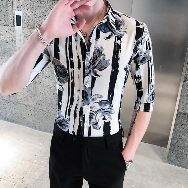summer striped shirt men half sleeve casual slim fit business shirt streetwear holiday hawaiian blusa camisas para hombre, White;black 
summer striped shirt men half sleeve casual slim fit business shirt streetwear holiday hawaiian blusa camisas para hombre, White;black