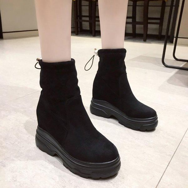 2020 autumn/winter thick-soled inner heightening short boots plus velvet round head platform wedge heel waterproof stretch boots, Black
2020 autumn/winter thick-soled inner heightening short boots plus velvet round head platform wedge heel waterproof stretch boots, Black