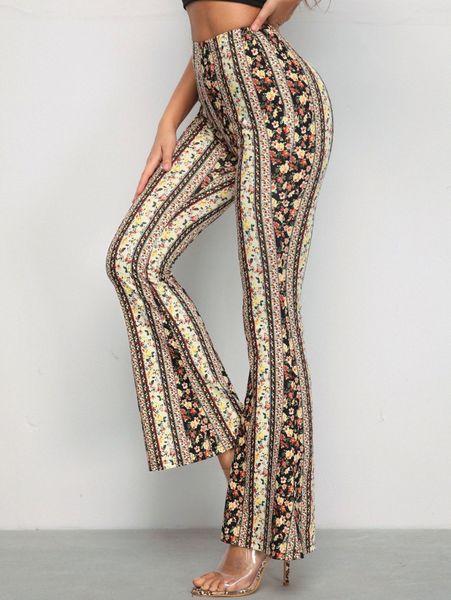ditsy floral flare leg pants d1lf#, Black;white