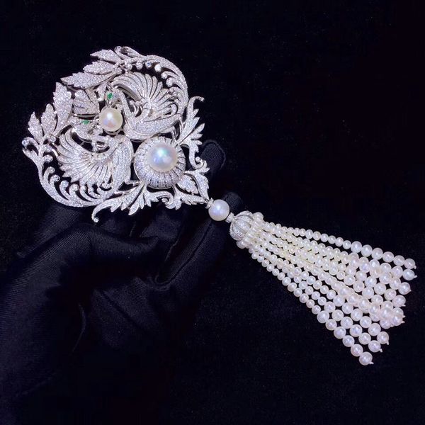 white pearl gold plated cz micro pave double phoenix charm pearl tassels brooch 201009, Gray
white pearl gold plated cz micro pave double phoenix charm pearl tassels brooch 201009, Gray