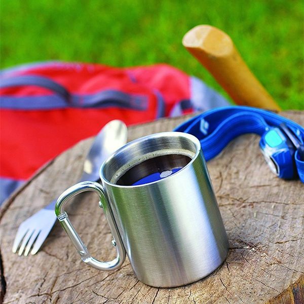 double cup wall steel traveling stainless 220ml mug carabiner hook handle outdoor camping tableware tool 
double cup wall steel traveling stainless 220ml mug carabiner hook handle outdoor camping tableware tool