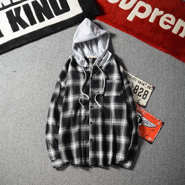 2021 new hip hop streetwear punk style casual plaid shirt men's long sleeve with hooded w3s6, White;black
2021 new hip hop streetwear punk style casual plaid shirt men's long sleeve with hooded w3s6, White;black