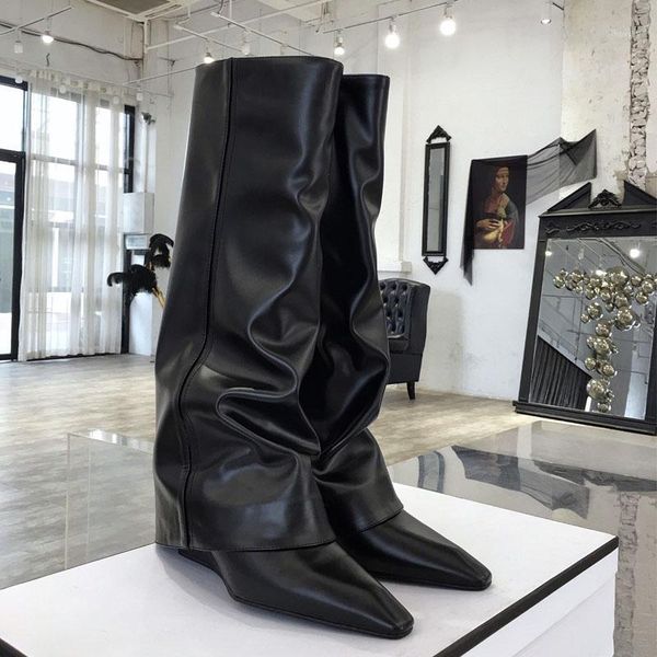 women brand genuine leather casual slip on autumn winter wedge long boots fashion pleated black high boots female1
women brand genuine leather casual slip on autumn winter wedge long boots fashion pleated black high boots female1
