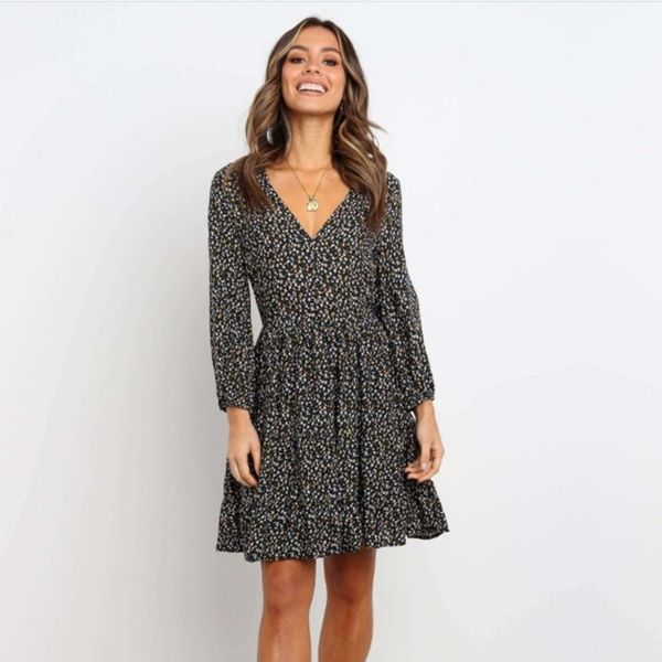 fall 2020 long sleeve v-neck floral drs, Black;gray