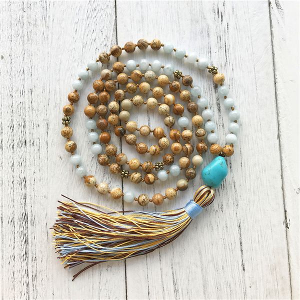 108 knotted mala meditation buddhist prayer beads picture jaspers tassel necklace for calming balance strength q1113, Silver
108 knotted mala meditation buddhist prayer beads picture jaspers tassel necklace for calming balance strength q1113, Silver