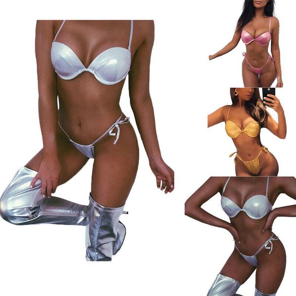 women's metallic 2 piece triangle bikini set liquid thong shiny swimwear, White;black
women's metallic 2 piece triangle bikini set liquid thong shiny swimwear, White;black