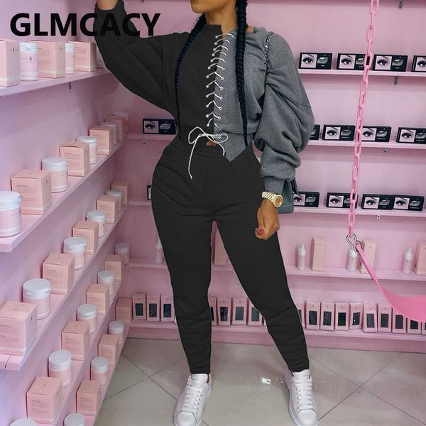 women two piece colorblock tracksuits long puff sleeve lace up sweatshirt and casual pants set 201007, White
women two piece colorblock tracksuits long puff sleeve lace up sweatshirt and casual pants set 201007, White