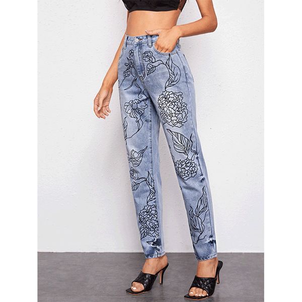 autumn 2020 women's printed pants fashion jeans, Blue