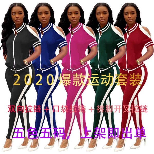 casual f0992020 summer new zipper women's split sports suit, Gray