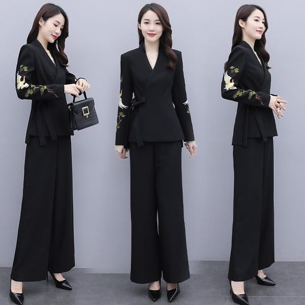 women's two piece pants improved national style embroidered suit for women 2021 autumn temperament loose set, White
women's two piece pants improved national style embroidered suit for women 2021 autumn temperament loose set, White