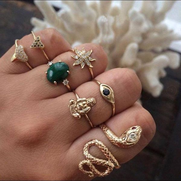 en 7 piece set lady green stone ring retro buddha ring crystal joints jewelry boho style girl jewelry, Golden;silver
en 7 piece set lady green stone ring retro buddha ring crystal joints jewelry boho style girl jewelry, Golden;silver