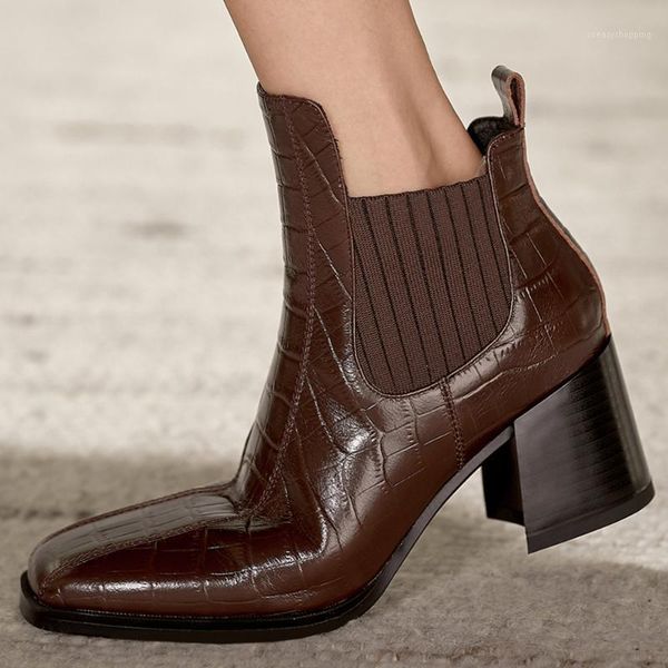 women's stretch knit stone pattern genuine leather patchwork slip-on thick high heel autumn ankle boots square toe style shoe1, Black
women's stretch knit stone pattern genuine leather patchwork slip-on thick high heel autumn ankle boots square toe style shoe1, Black