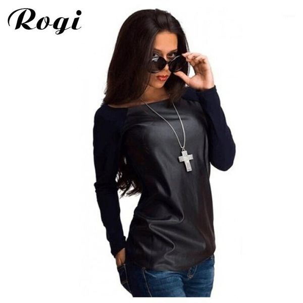 

wholesale- rogi moleton feminina autumn fashion boat neck sweatshirts pu leather patchwork pullover raglan long sleeve slim tracksuits1, Black