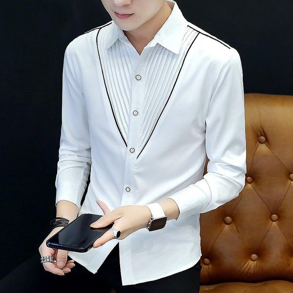 2020 men's spring lapel striped pleated shirt youth new style cool slim fashion shirt, White;black
2020 men's spring lapel striped pleated shirt youth new style cool slim fashion shirt, White;black