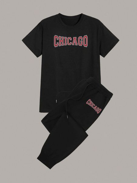 romwe guys letter graphic tee & drawstring sweatpants z5op#, Gray