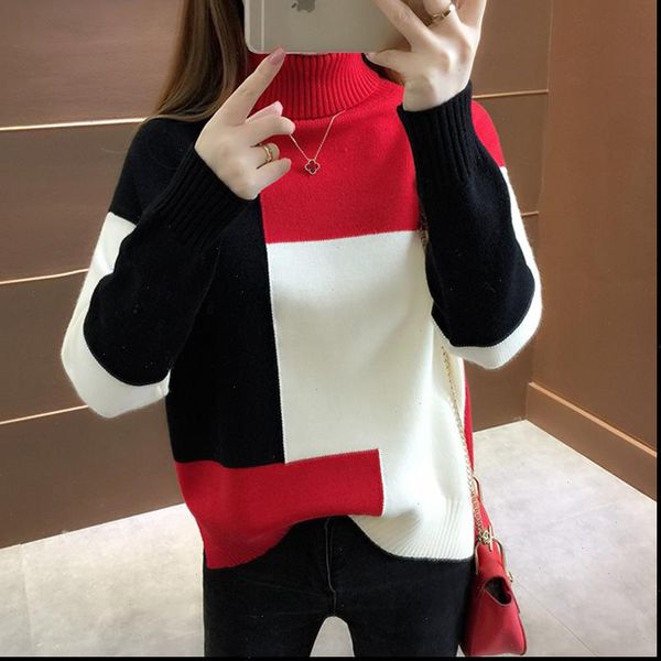 oversized knitted sweater women red patchwork turtleneck knitted winter jumper korean pullover casual clothes warm loose v644, White;black
oversized knitted sweater women red patchwork turtleneck knitted winter jumper korean pullover casual clothes warm loose v644, White;black