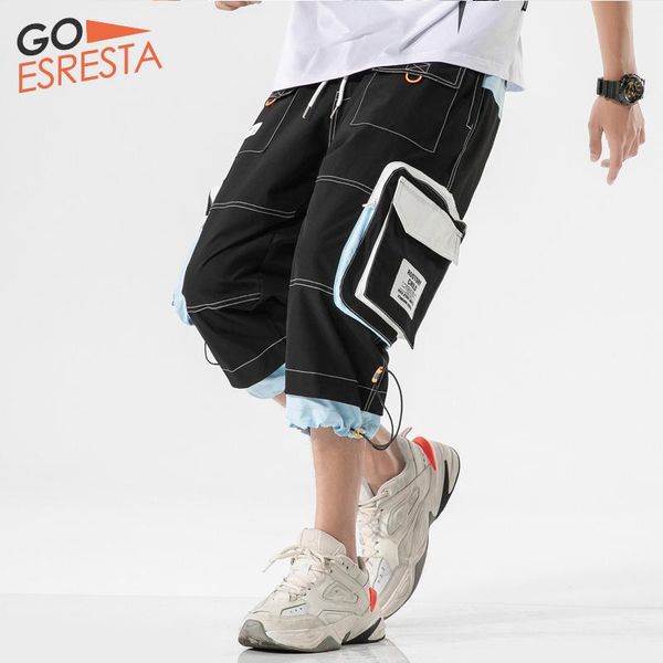 2020 summer new casual shorts men side-pockets bermuda hip hop cargo shorts knee length black reflective men's all-match, White;black
