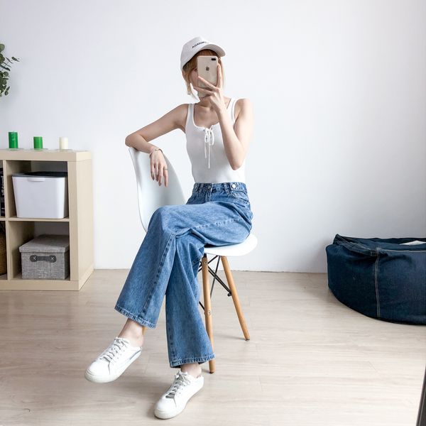 women's 2019 spring and autumn new style drape floor-length pants high-waisted loose-fit straight-cut jeans, Blue
women's 2019 spring and autumn new style drape floor-length pants high-waisted loose-fit straight-cut jeans, Blue