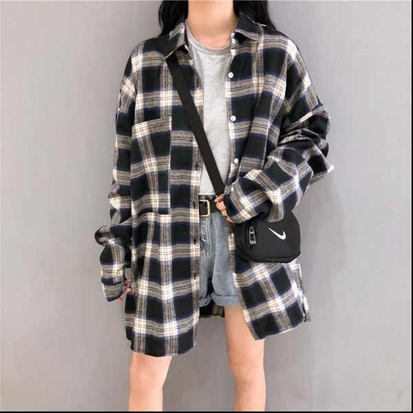 women fashion long sleeve plaid pockets shirt ladies single breasted oversize blouses casual turn down collar streetwear, White
women fashion long sleeve plaid pockets shirt ladies single breasted oversize blouses casual turn down collar streetwear, White