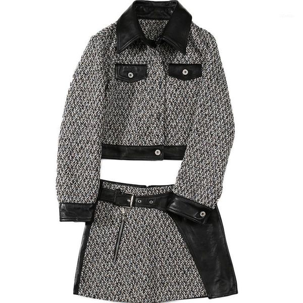 women's tracksuits european station 2021 autumn haining leather splicing short sheepskin skirt suit1, Gray
women's tracksuits european station 2021 autumn haining leather splicing short sheepskin skirt suit1, Gray