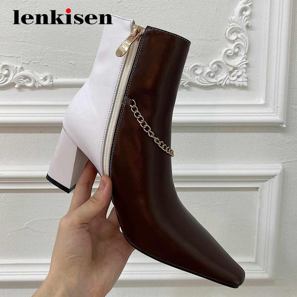 lenkisen fashion boots genuine leather chain decorations mixed colors high heel small square toe zipper fashion ankle boots l16, Black
lenkisen fashion boots genuine leather chain decorations mixed colors high heel small square toe zipper fashion ankle boots l16, Black