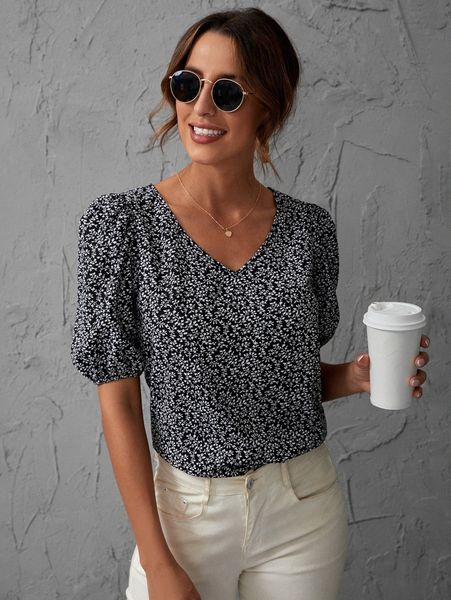 allover plants print puff sleeve blouse d04a#, White