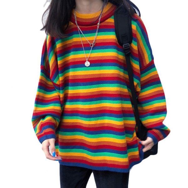 women teens autumn long sleeve knit sweater korean harajuku rainbow stripes patchwork loose jumper hip hop pullover tunic, White;black
women teens autumn long sleeve knit sweater korean harajuku rainbow stripes patchwork loose jumper hip hop pullover tunic, White;black