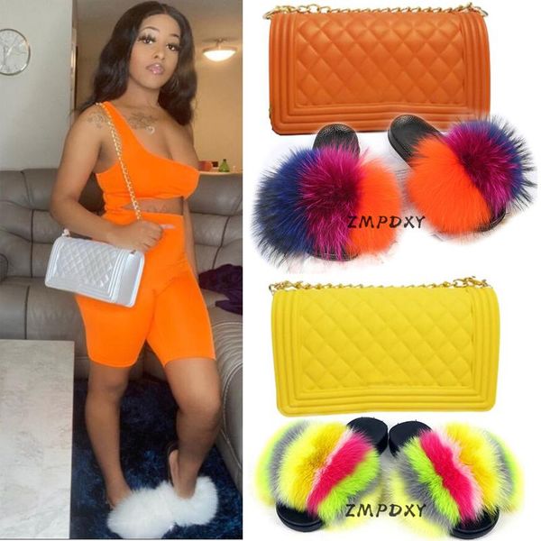 women's matte colorful jelly bags shoes sets rainbow real fur slippers candy crossbody purse female fur slides furry sandals, Black
women's matte colorful jelly bags shoes sets rainbow real fur slippers candy crossbody purse female fur slides furry sandals, Black