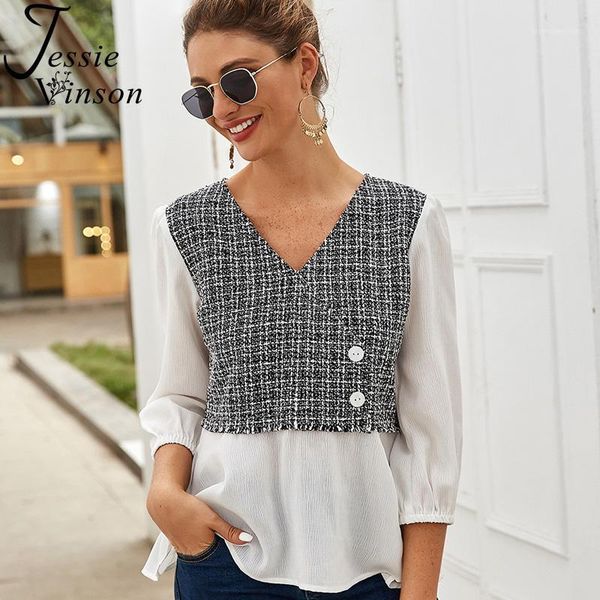 women's blouses & shirts jessie vinson elegant splicing plaid blouse women three quarter sleeve v-neck womens and spring summer office, White
women's blouses & shirts jessie vinson elegant splicing plaid blouse women three quarter sleeve v-neck womens and spring summer office, White