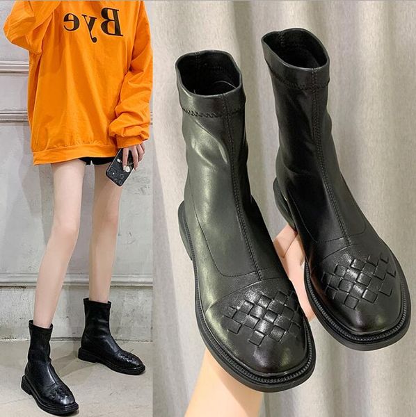 leather high-round toe soft-soled boots women's 2020 fall/winter new elastic boots low-profile thin boots, Black
leather high-round toe soft-soled boots women's 2020 fall/winter new elastic boots low-profile thin boots, Black