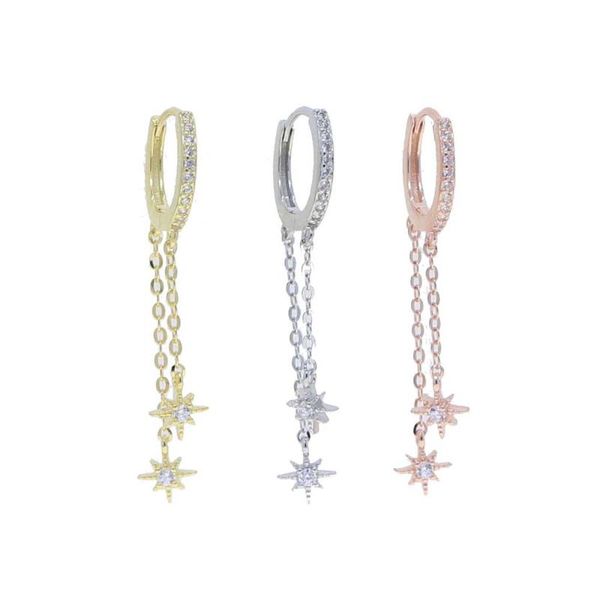 hoop & huggie christmas gift for women 925 sterling silver white clear cubic zirconia cz north star starburst tassel link chain earring, Golden;silver