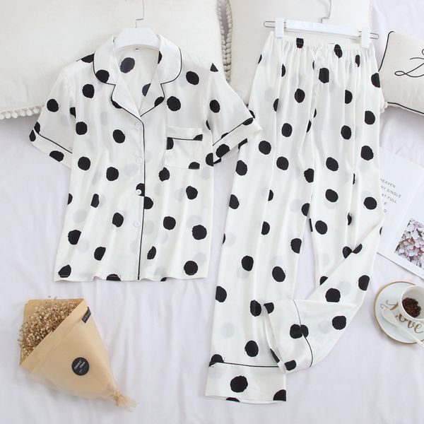 july's wb 2 pieces faux silk sleepwear polka dot women's pajamas set lapel collar casual short sleeve long pants homewear y200708, Black;red
july's wb 2 pieces faux silk sleepwear polka dot women's pajamas set lapel collar casual short sleeve long pants homewear y200708, Black;red